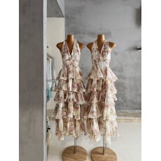 批发For Fay 晨露蔷薇园/法式度假风印花挂脖雪纺蛋糕长裙女V领<b class='q'>连衣裙</b>