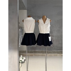 批发迟伞伞26/ss 若色水仙 sst花瓣翻领无袖衬衫上衣藏青<b class='q'>蓬蓬</b><b class='q'>裙套装</b>