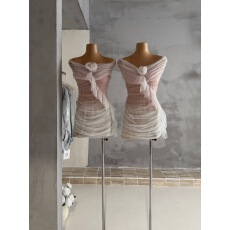 批发kubiliv【翩翩若梦】氛围感渐变网纱褶皱抹胸包臀短裙纯欲连衣裙