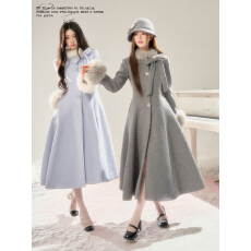 批发BB BLUE/冰岛情书/2025年高级感显瘦蝴蝶结收腰毛领呢长款大衣女