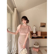 批发甜水仙 宫廷大小姐 蕾丝杏色连衣裙日系修身显瘦复古褶皱长裙女