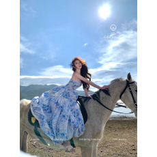 批发Catyears猫年 夏意盎然~褶皱超大花苞裙摆收腰印花吊带连衣裙女