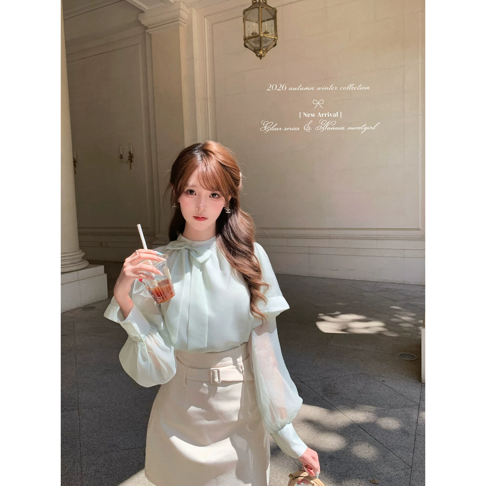 甜水仙日光诗集名媛风蝴蝶结套装女秋长袖衬衫高腰半身裙两件套 服裝批發女裝批發服飾貨源