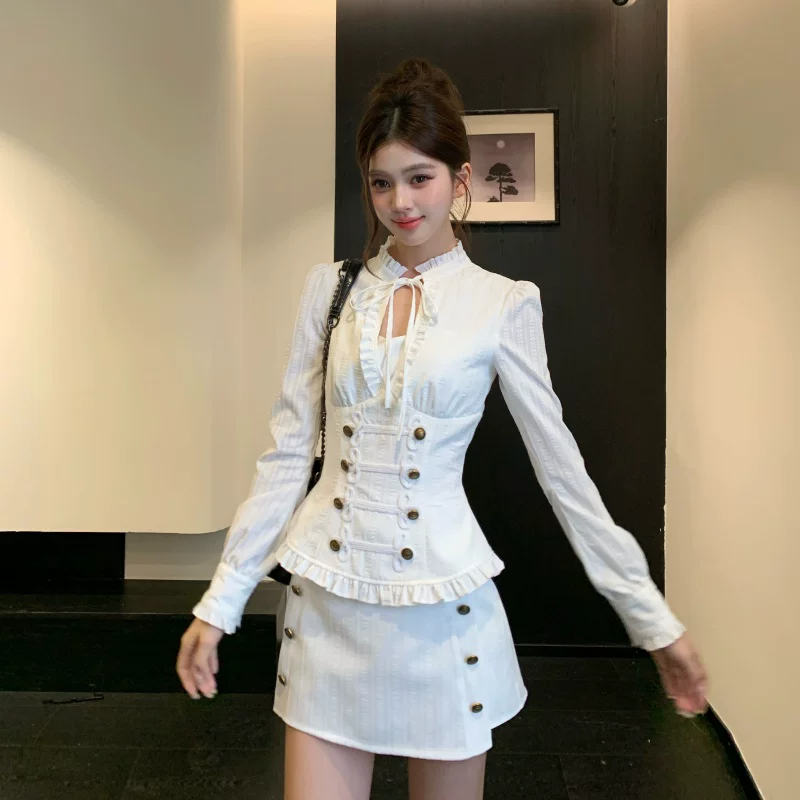 越韩小鱼Musefish纯白骑士法式名媛风收腰上衣高腰半裙气质套装 服裝批發女裝批發服飾貨源
