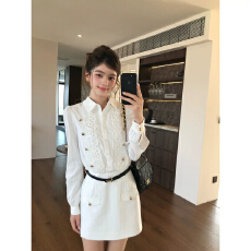 批发越韩小鱼Musefish 法式氛围 高级白色衬衣<b class='q'>连衣裙</b>女气质拿破仑短裙