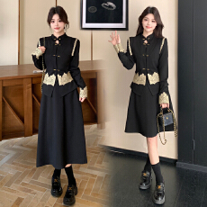 批发<b class='q'>实拍</b>秋冬季新款胖mm时尚高级感新中式马甲+连衣裙两件套套装