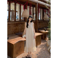 批发实拍~大码温柔花边设计系绳撞色气质连衣裙