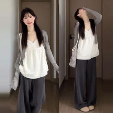 批发韩系穿搭白色v领吊带背心女早春2026新款外穿<b class='q'>防晒衫</b>无袖上衣套装