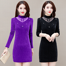批发实拍秋冬新款<b class='q'>中长款</b>修身显瘦性感百搭洋气长袖加绒蕾丝连衣裙女