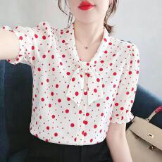 批发2026新款通勤风泡泡袖印花<b class='q'>真丝</b>女短袖洋气蝴蝶结宽松桑蚕丝上衣