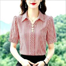 批发妈妈夏季高档衬衫红黑条纹真丝夏季新款气质短袖时尚宽松洋气衬衣