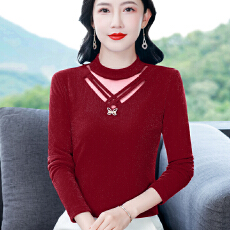 批发秋冬打底衫女新款女士时尚秋衣网纱镂空内搭上衣洋气打底加绒小衫