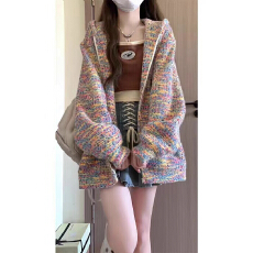 批发~新款孕妇装春秋宽松慵懒风美式复古甜美彩虹针织衫外套