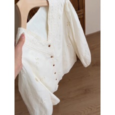 批发2025秋季新款法式V领镂空花朵刺绣长袖衬衫女宽松显瘦上衣<b class='q'>娃娃衫</b>