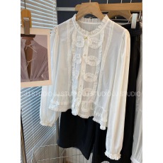 批发<b class='q'>韩国</b>东大门气质木耳边压花甜美长袖衬衫衬衣女2025秋季