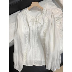 批发法式温柔风系带花边领木耳边白色<b class='q'>衬衫</b>女早秋新款别致减龄V领上衣