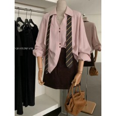 批发韩系长袖粉色衬衫上新女装巨好看漂亮洋气衬衣短裤两件套