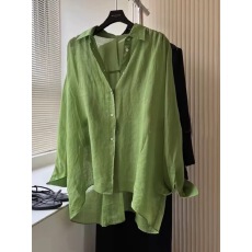 批发法式高级感绿色<b class='q'>衬衫</b>女夏季薄款宽松慵懒亚麻<b class='q'>衬衣</b><b class='q'>长袖</b>防晒上衣