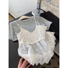 批发韩系假两件拼接蕾丝吊带短袖T恤女夏季显瘦<b class='q'>娃娃</b>衫叠穿两件套上衣