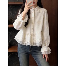 批发绣花网纱拼接圆领<b class='q'>长袖</b>衬衫女2026春季新款显瘦精致小衫