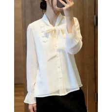 批发简约法式系带领双层<b class='q'>长袖</b>衬衫女2026春季新款气质洋气轻熟风短上衣