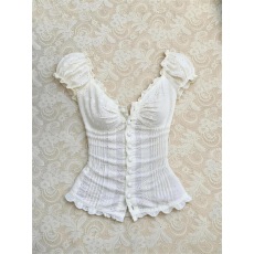 批发法式宫廷提花低领排扣上衣芭蕾少女风<b class='q'>泡泡袖</b>花边修身短袖T恤春夏