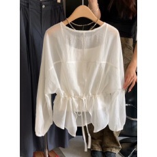 批发后背开叉系带<b class='q'>白色</b>防晒<b class='q'>衬衫</b>女夏季薄款收腰显瘦上衣