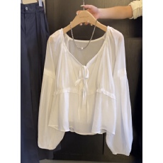 批发媛法式温柔甜美褶皱 绑带两件套长袖<b class='q'>衬衫</b>