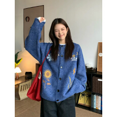 批发孕妇美式潮流花卉刺绣开衫毛衣秋冬高级松弛感针织衫孕妇上衣外套