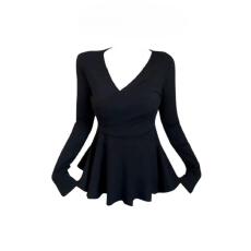 批发大码微胖V领长袖T恤女<b class='q'>春</b>秋季收腰遮肉显瘦纯欲辣妹内搭不规则上衣