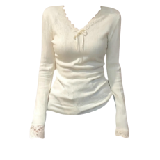 批发大码胖MM韩系氛围感蕾丝v领长袖上衣女秋冬修身显瘦打底衫