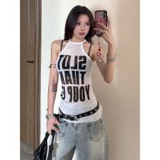 批发美式辣妹<b class='q'>街头</b>字母印花吊带背心女夏季新款挂脖内搭外穿白色小上衣