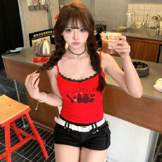 批发美式复古小众设计感猫咪印花蕾丝吊带背心女夏季新款修身辣妹<b class='q'>上衣</b>