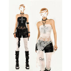 批发辣妹街头性感黑色蕾丝抹胸女夏季y2k不规则飘带设计收腰显瘦上衣