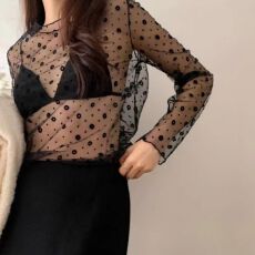 批发辣妹印花网纱长袖T恤女夏季吊带裙内搭薄纱冰丝防晒罩衫透明上衣