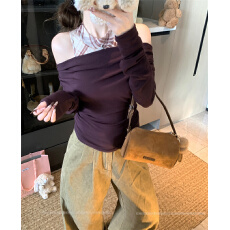 批发辣妹风一字肩红色长袖T恤女2026秋<b class='q'>冬</b>新款收腰显瘦新年气质上衣潮