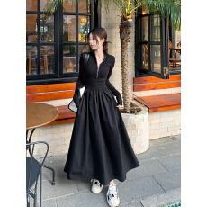 批发法式气质立领长袖时尚拼接连衣裙女初冬收腰显瘦大摆裙A字长裙子