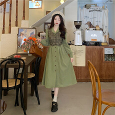 批发复古格子拼接假两件长袖<b class='q'>连衣裙</b>女2026春秋季气质法式西装领A字裙