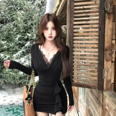 批发性感纯欲风蕾丝拼接长袖<b class='q'>连衣裙</b>女秋季新款辣妹<b class='q'>修身</b>内搭包臀短裙子