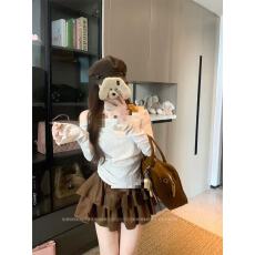 批发辣妹一字肩长袖T恤女夏网纱系带修身短款上衣性感露脐褶皱<b class='q'>防晒衫</b>