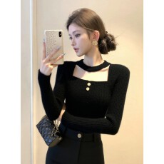 批发<b class='q'>镂空</b>挂脖黑色毛衣针织打底衫女内搭正肩长袖上衣