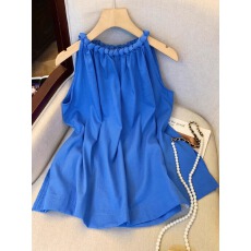 批发无袖挂脖<b class='q'>衬衫女</b>夏季甜美遮肚宽松娃娃衫慵懒度假背心上衣