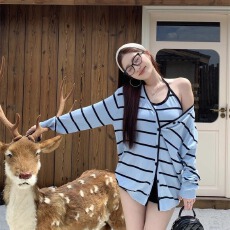 批发原创休闲慵懒感蓝黑条纹开衫背心吊带<b class='q'>两件套</b>女