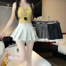 批发纯欲蕾丝拼接百褶裙女夏季高腰蝴蝶结开叉A字半身裙辣妹超<b class='q'>短</b>裙裤