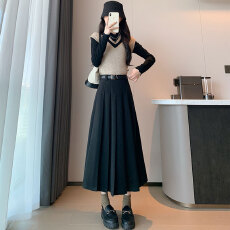 批发深灰色毛呢百褶<b class='q'>裙</b>女秋冬高腰显瘦a字高级感休闲<b class='q'>西装</b>伞<b class='q'>裙</b>半身长<b class='q'>裙</b>