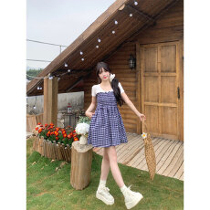 批发小众设计感两穿蓝色格子半身裙女春季法式气质抹胸背心裙a字伞裙