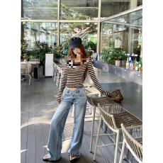 批发慵懒风撞色条纹长袖正肩T恤女秋季蕾丝拼接绑带上衣领带夹