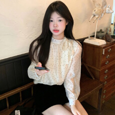 批发法式<b class='q'>甜美</b>波点长袖雪纺衫女2026春季新款时尚设计感蝴蝶结绑带上衣