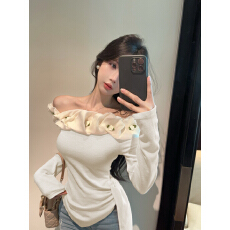 批发清新甜美立体<b class='q'>花朵</b>一字领不规则打底衫女秋冬百搭气质修身显瘦上衣