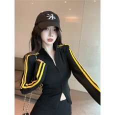 批发美式复古撞色条纹拉链立领<b class='q'>长袖</b>T恤春秋辣妹新款修身上衣<b class='q'>外套</b>女装